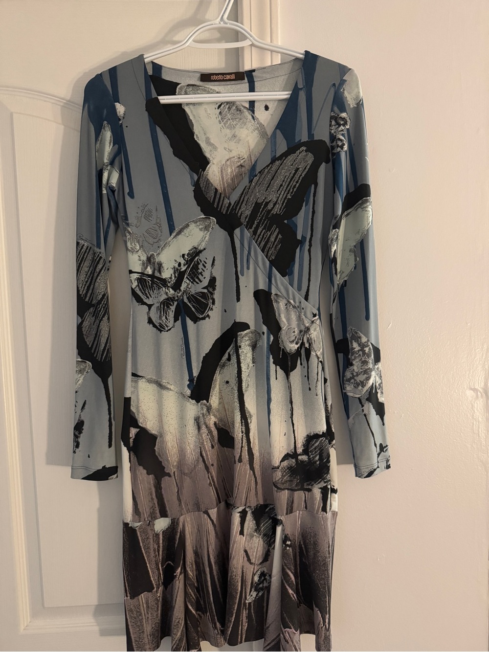 Roberto Cavalli Sky Blue and Black Butterfly-Print Long Sleeve Dress